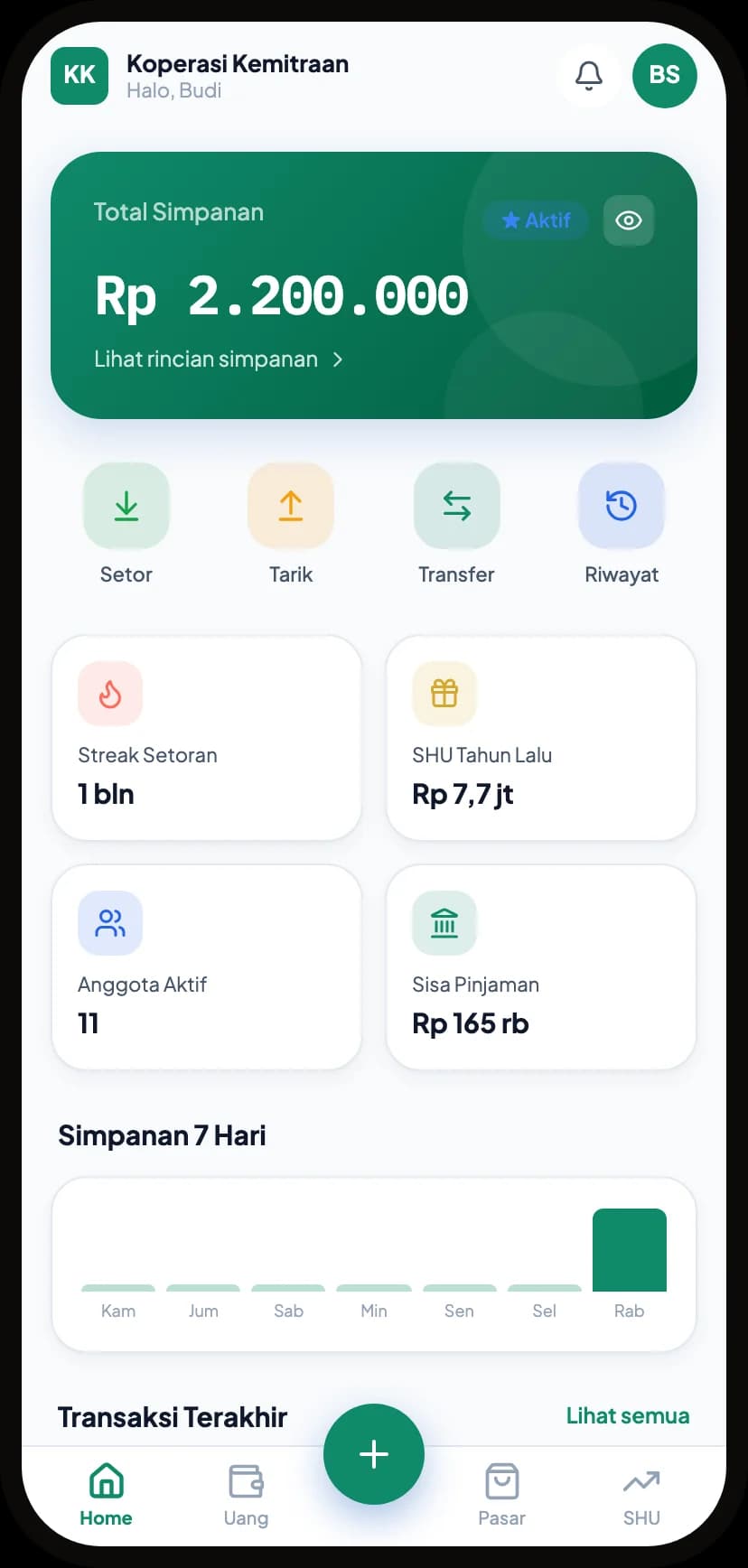 Tangkapan layar aplikasi anggota Sistem Koperasi: beranda dan total simpanan